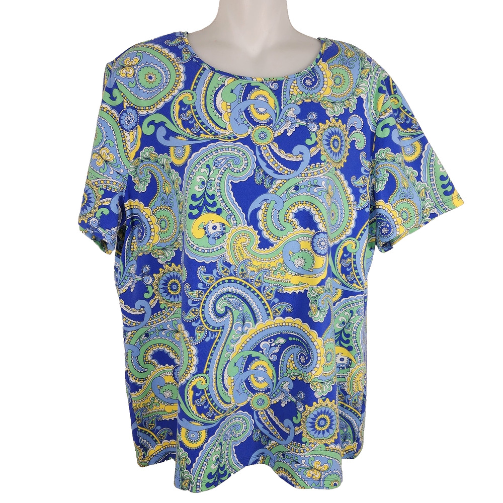Talbots Tee Womens Size XL Blue Green Yellow Paisley Short Sleeve Knit Colorful